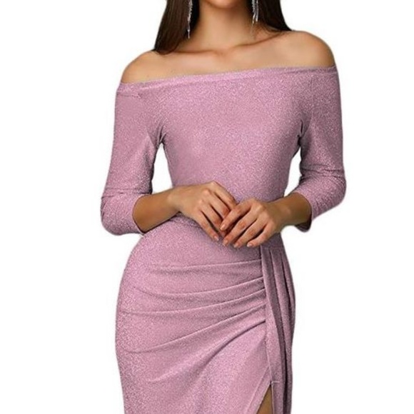 Off Shoulder Ruched Sexy Slit Dress Sz S Rose Pink - Picture 4 of 5